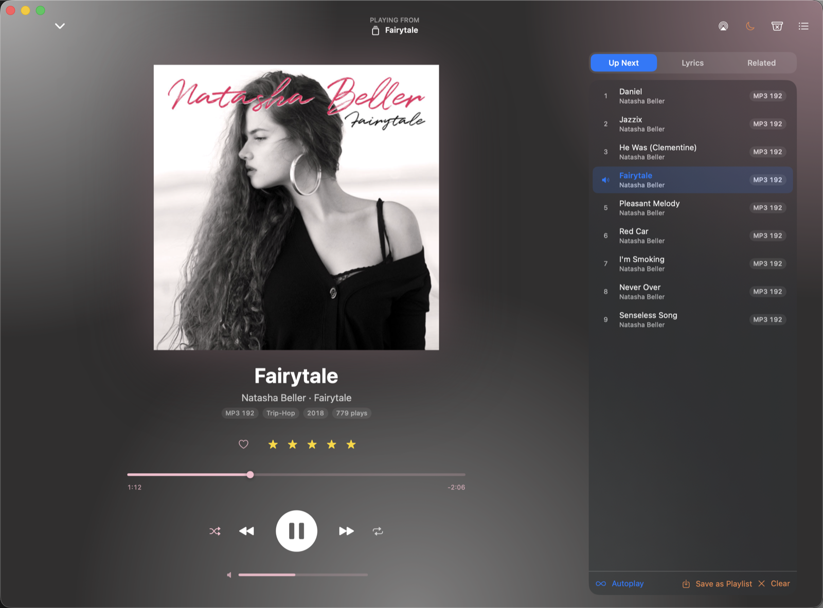 Baton's full-screen player: large album artwork, an artwork-matched accent colour
                  running through the scrubber, rating and volume, and the Up Next queue alongside.